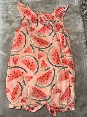 Carter's Coral Pink and Green Watermelon Smocked Baby Romper